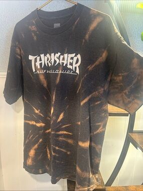 Thrasher Reworked Tee Gray and Orange Bleach Swirl Graphic